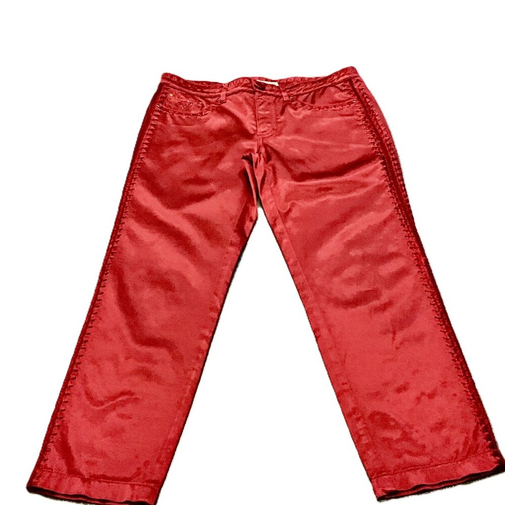 Blumarine Jeans Burgundy Satin Cropped Pants Embellished Trim Size IT 40 Italy